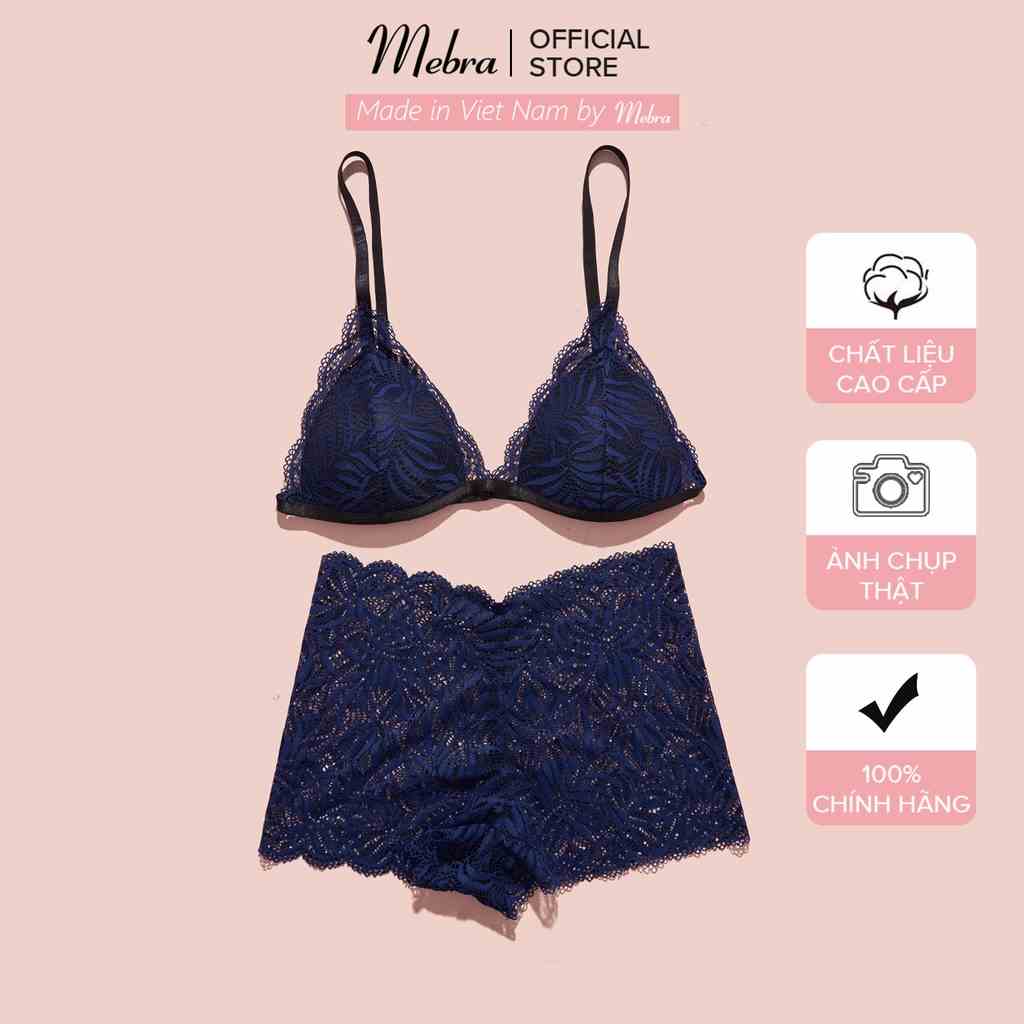 Sét đồ lót bralette quần boxer không gọng mút mỏng màu xanh dương họa tiết sang trọng sexy gợi cảm Mebra A097