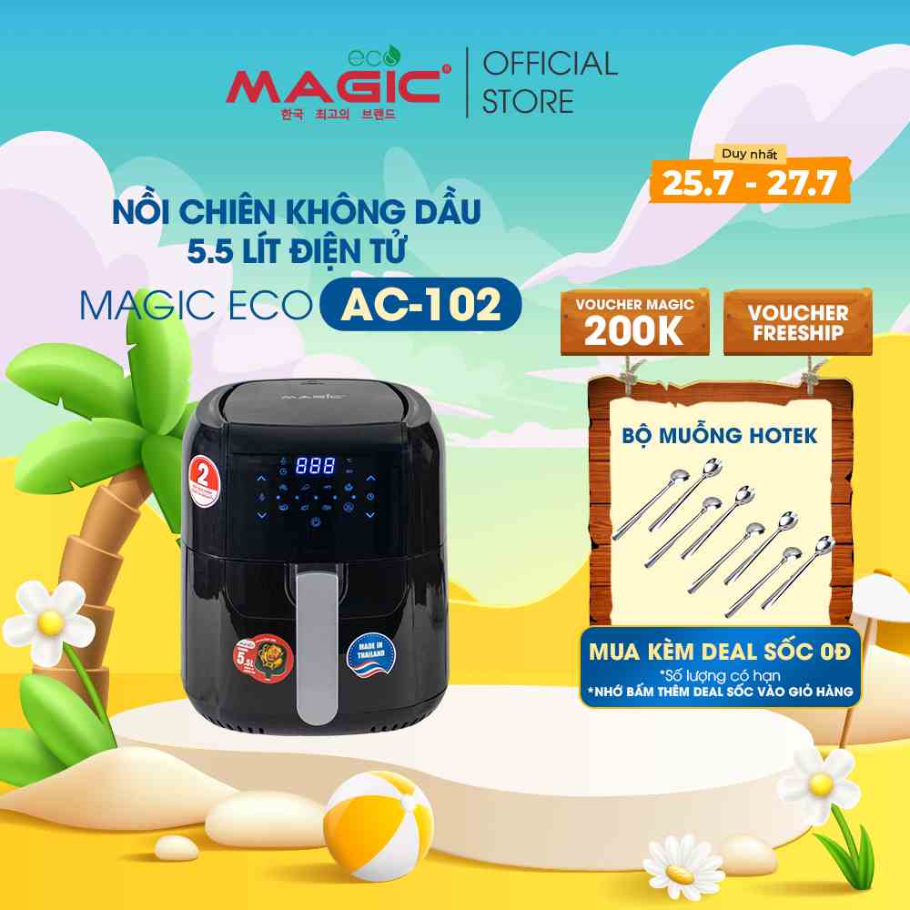 Nồi chiên không dầu điện tử Magic Eco AC102 MADE IN THAILAND 5.5L,chiên nướng nguyên con gà 1.5kg,bảo hành chính hãng