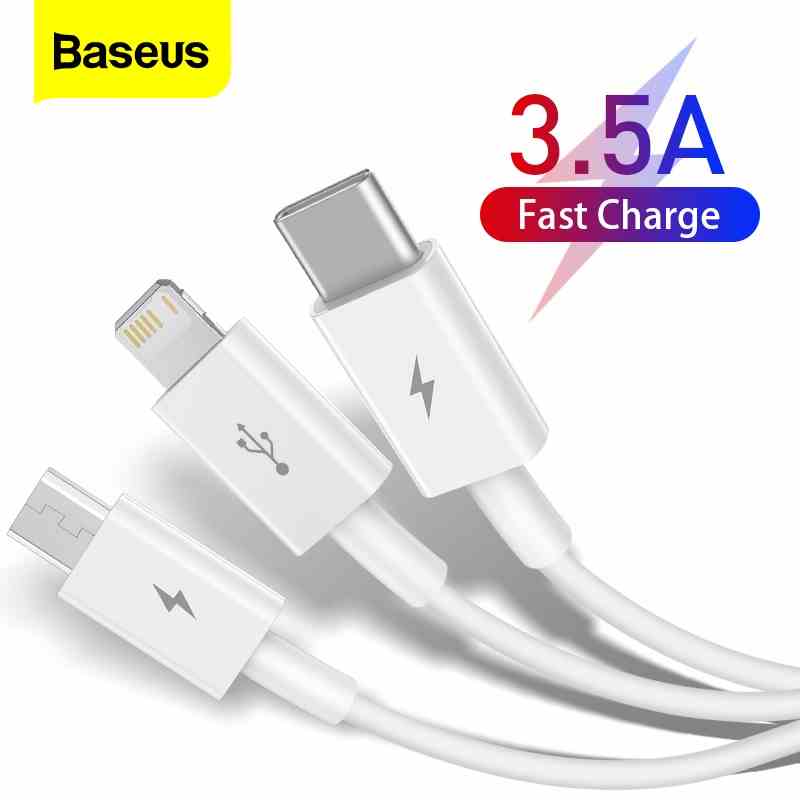 Cáp sạc dữ liệu Baseus cổng type C micro lightning có đèn 3 trong 1 1.5m cho điện thoại iphone 14