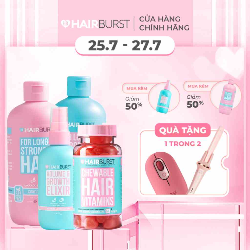 Combo Chăm sóc toàn diện HAIRBURST Dầu gội xả 350ml/chai + Xịt tóc125ml + Kẹo dẻo 60Viên