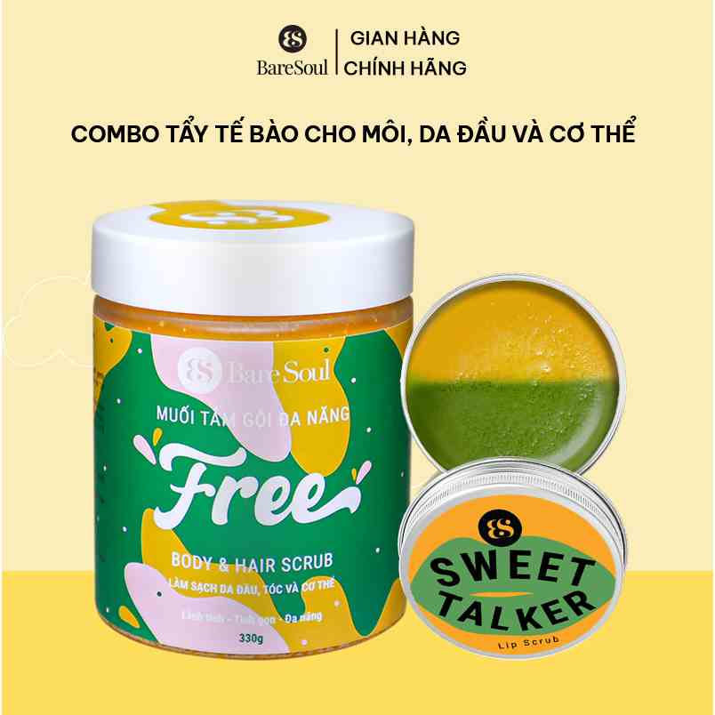 Bộ đôi tẩy tế bào chết cho môi, da dầu và cơ thể Free Body& hair scrub 330g+ lip scrub  Sweet Talker 20g