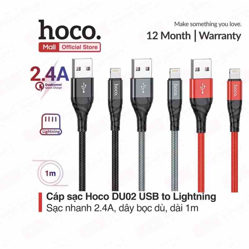 Cáp sạc Hoco DU02 USB to Lightning sạc nhanh 2.4A, dây bền dù chống đứt, dài 100cm