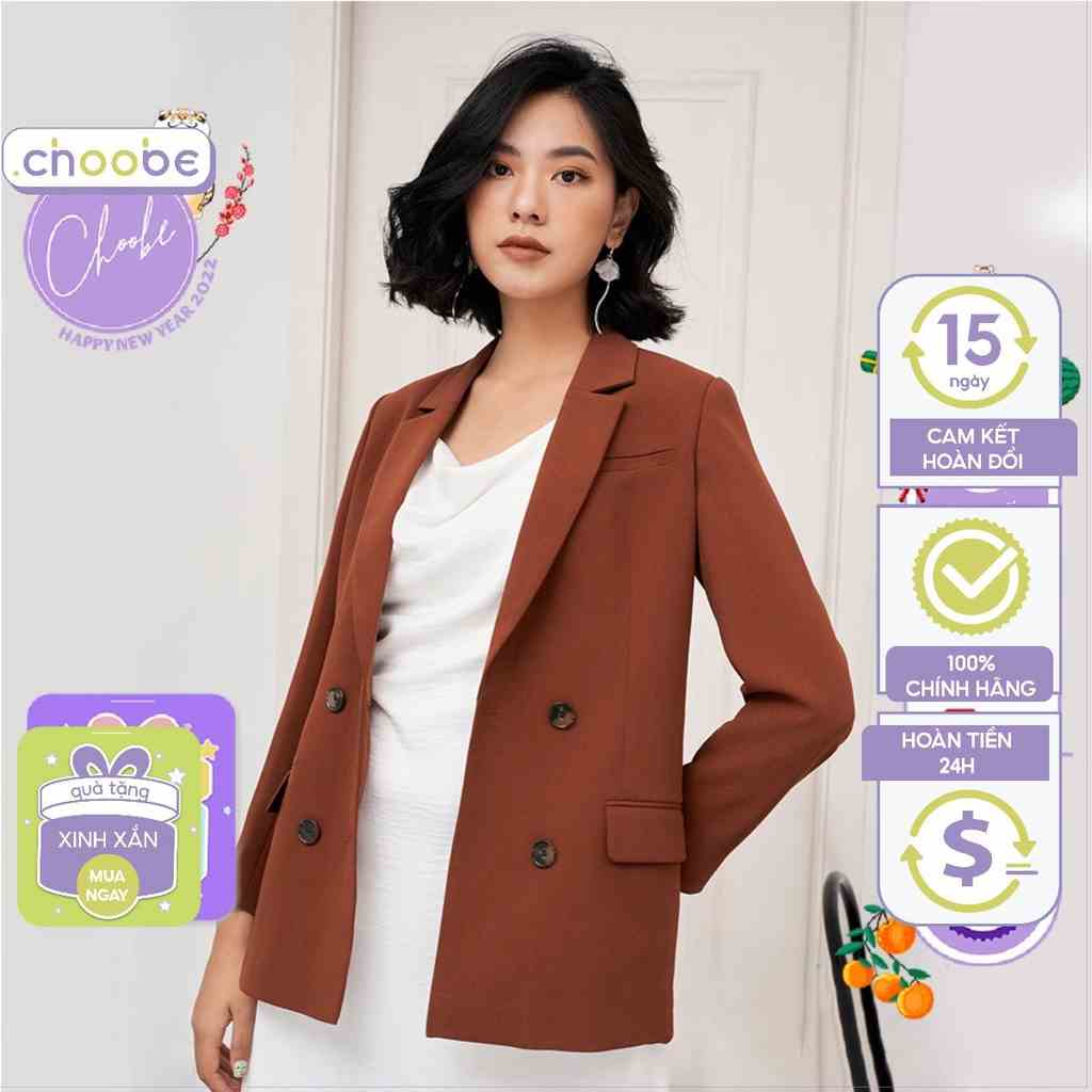 Áo blazer Choobe hai lớp, dài tay, vest nữ màu Nâu trơn, phong cách Hàn Quốc thanh lịch- BL4