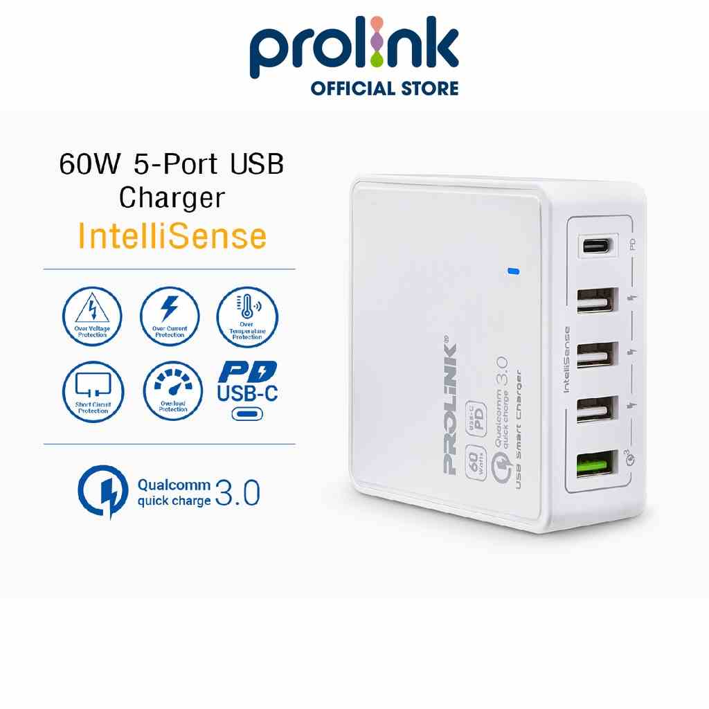 Củ sạc nhanh 60W PROLiNK PDC56001 có 5 cổng (1 USB-C & 4 USB-A) dành cho Macbook, iPhone, iPad, Samsung, Xiaomi