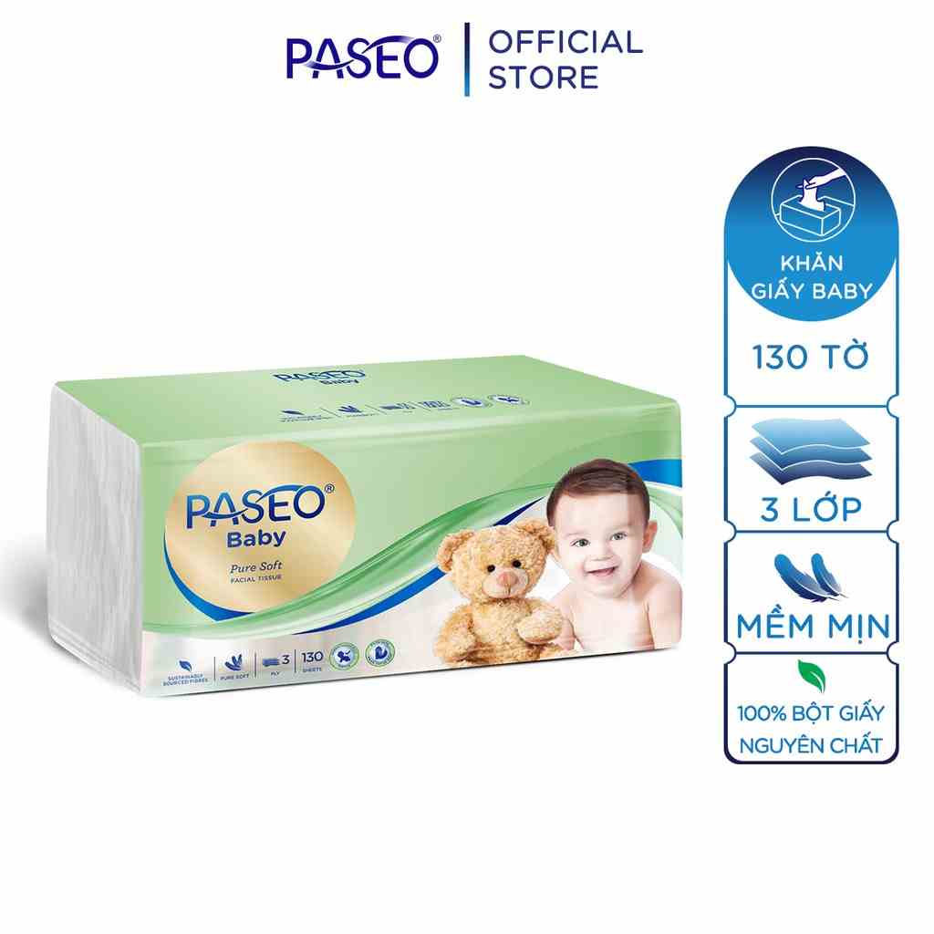 Khăn giấy rút cao cấp Paseo baby siêu mềm mại dành cho em bé 3 lớp 130 tờ/gói