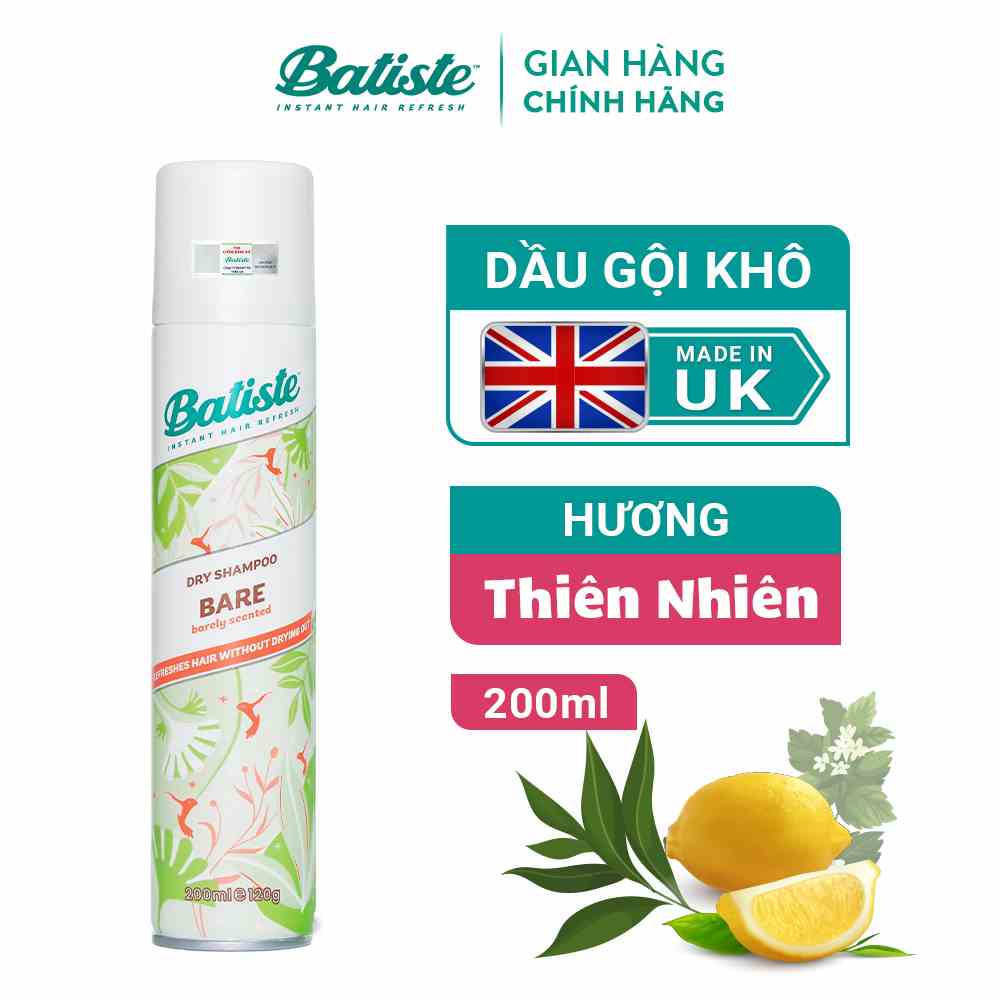 Dầu Gội Khô Batiste Hương Hoa Thiên Nhiên Dịu Nhẹ - Batiste Dry Shampoo Natural & light Bare 200ml