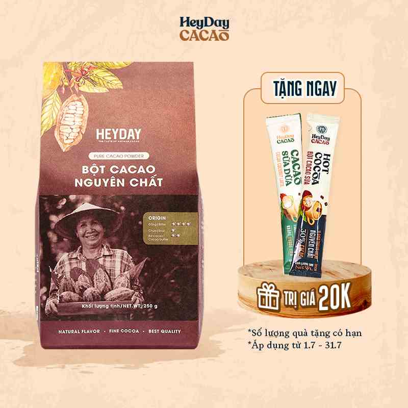 Bột cacao nguyên chất 100% không đường Heyday - Dòng Origin thượng hạng - Túi giấy 250g