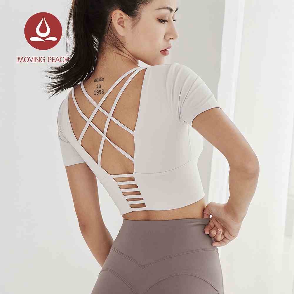 MOVING PEACH Áo thun thể thao croptop tay ngắn có đệm ngực thời trang yoga dành cho nữ ATH