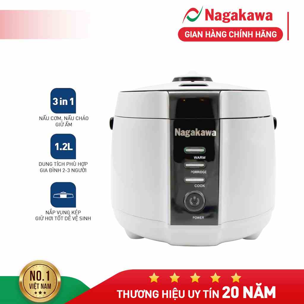 Nồi cơm điện 1.2L Nagakawa NAG0131 (500W) - Đa chức năng nấu và công nghệ ủ ấm 3 chiều - Bảo hành 12 tháng