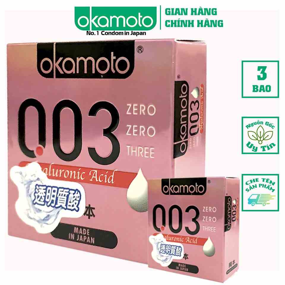 [ Combo 2 hộp ] Bao Cao Su Okamoto 0.03 Hyaluronic Acid Siêu Mỏng Dưỡng Ẩm Và Bôi Trơn Hộp 3 Cái