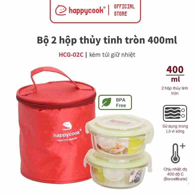 Bộ 2 hộp thủy tinh tròn 400ml Happy Cook kèm túi giữ nhiệt HCG-02C