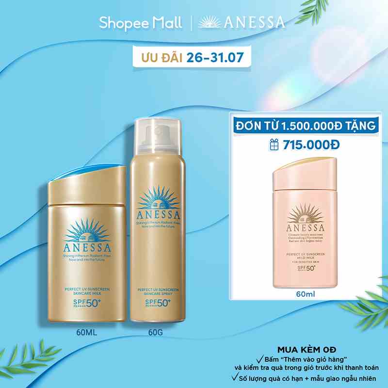 Bộ đôi xịt và sữa chống nắng Anessa(Perfect UV Gold Spray 60g+ Gold Milk 60ml)