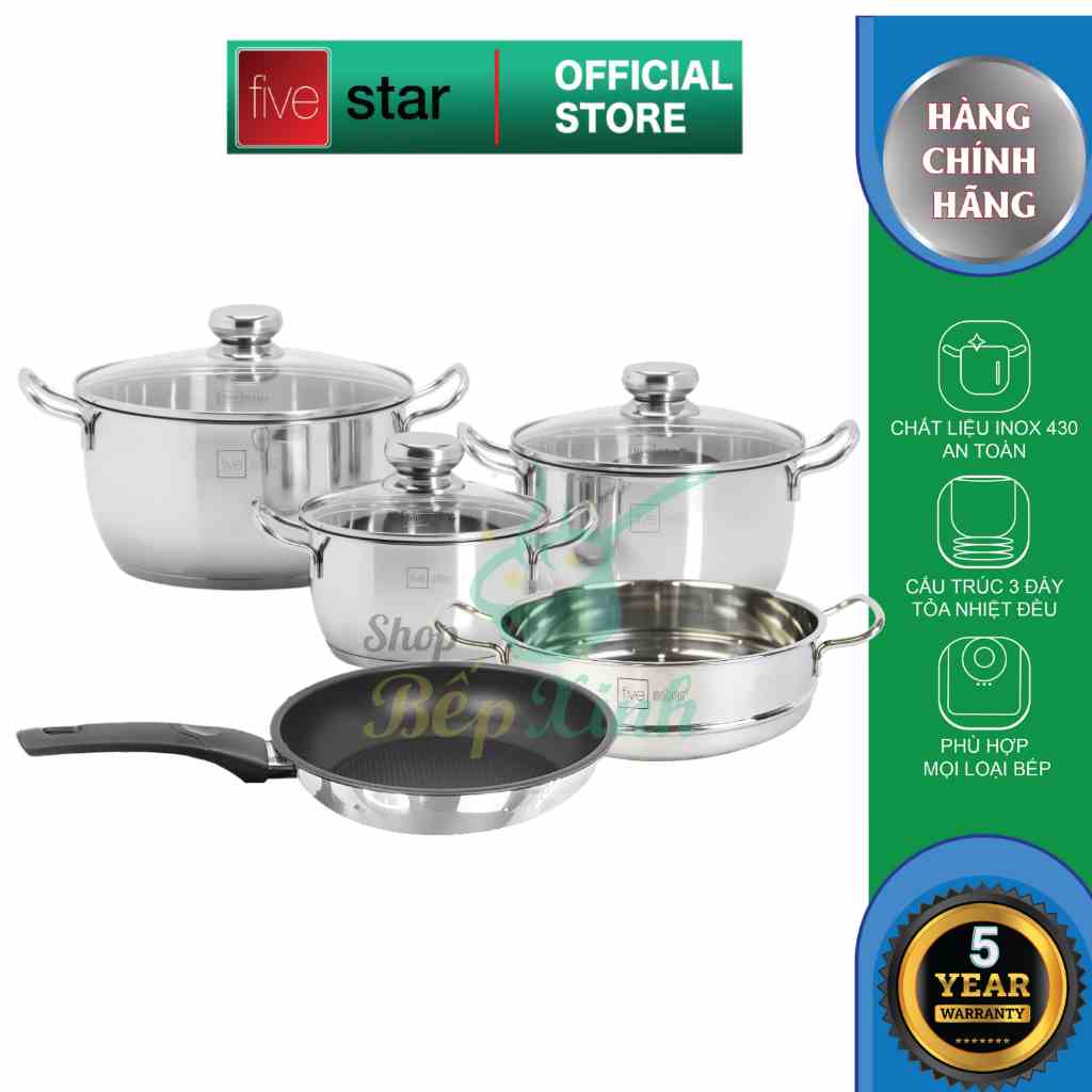 Bộ nồi xửng inox 430 Fivestar 3 đáy 4 món nắp kính dùng được bếp từ , hồng ngoại , gas , tặng 1 vá canh