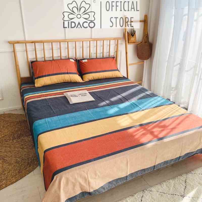 Bộ ga giường cotton tici kẻ Lidaco decor phòng ngủ vintage ga và áo gối đủ kích thước nệm