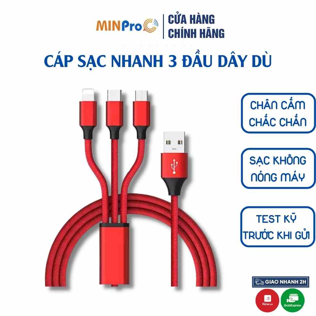 Cáp sạc nhanh 3 đầu MINPRO dây dù 1m2 hỗ trợ sạc nhanh không gây nóng máy