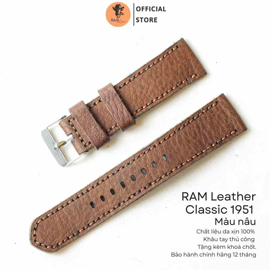 [Mã BMLTA35 giảm đến 35K đơn 99K] Dây Đồng Hồ Da Thật RAM Leather 1951 Da Bò Thật Nâu Hạt Bền Đẹp