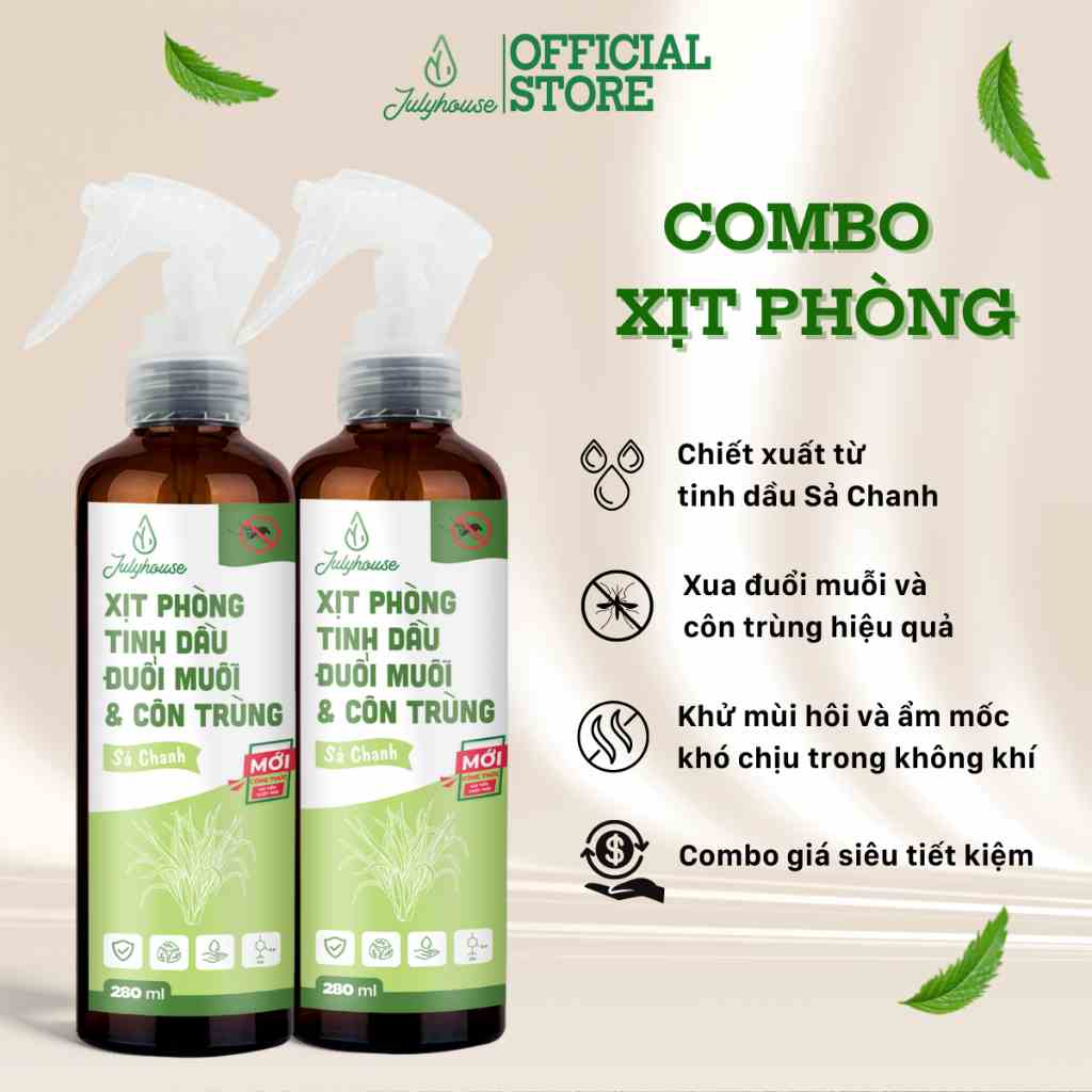 Combo 2 bình xịt phòng tinh dầu Sả Chanh 280ml/chai JULYHOUSE khử mùi đuổi muỗi và côn trùng hương dễ chịu