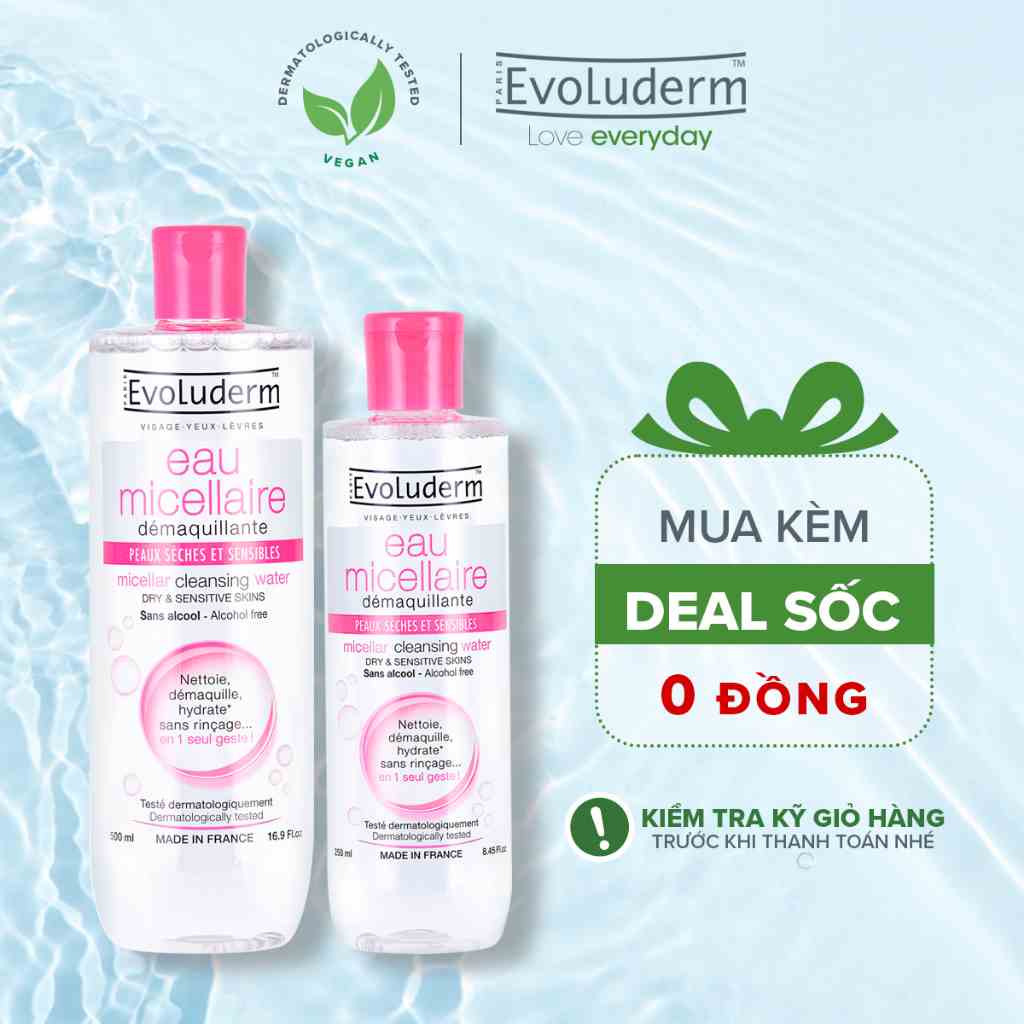 Bộ 2 nước tẩy trang Evoluderm dành cho da khô và nhạy cảm 250ml-500ml