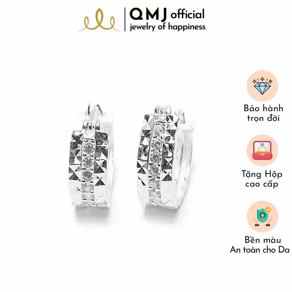 Bông tai bạc QMJ Mo nạm đá tấm giữa 3 hàng sang trọng Q021