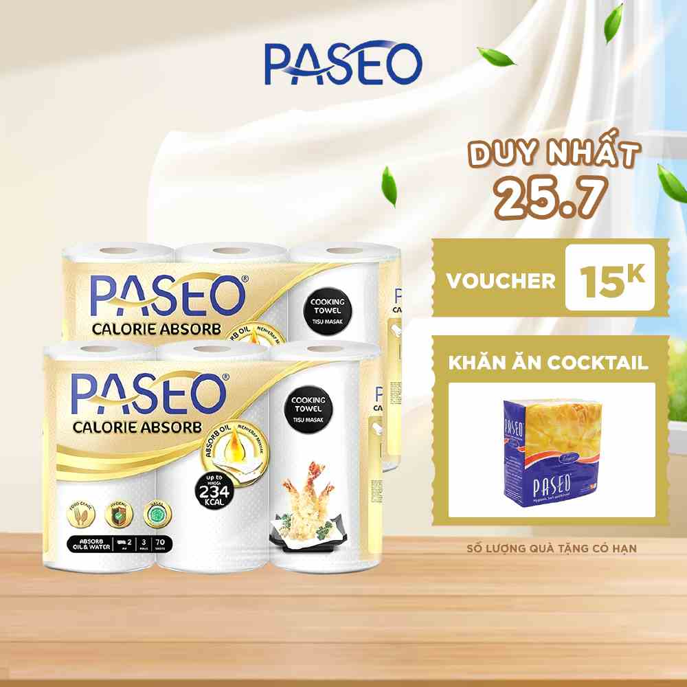 Combo 2 lốc giấy bếp đa năng cao cấp Paseo Calorie Absorb lau dầu mỡ, thấm hút nhanh (3 cuộn 2 lớp)/lốc