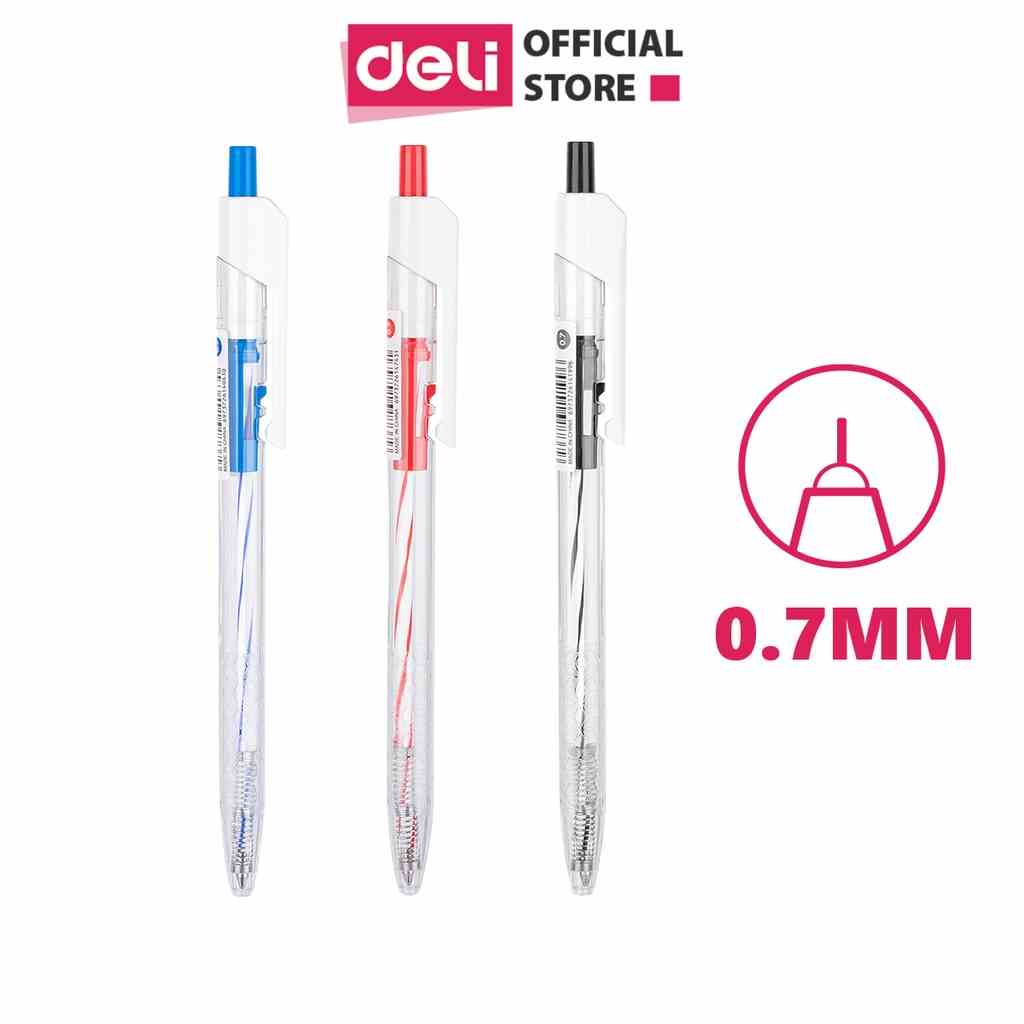 Bút bi bấm văn phòng mực xanh đen đỏ ngòi 0.7mm Deli giá rẻ viết nét đều trơn tru phù hợp cho học sinh EQ24