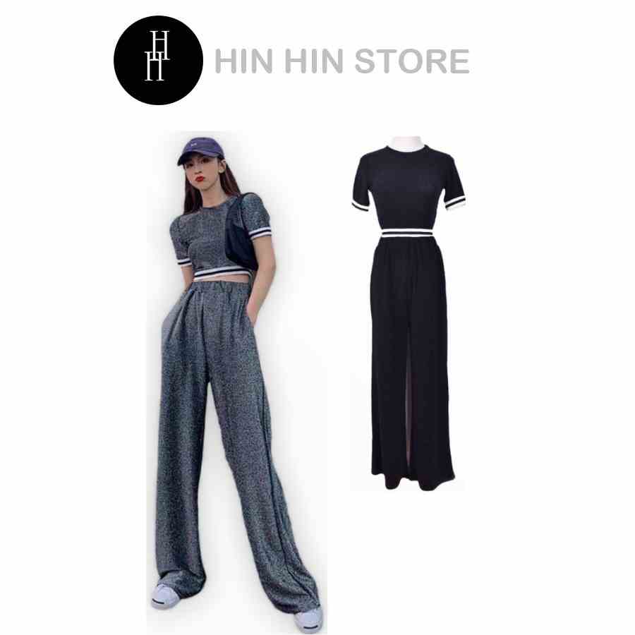 [Mã BMLTB35 giảm đến 35K đơn 99K] Set áo croptop tay ngắn và quần ống rộng kim sa màu đen & xám H67 Hỉn Hỉn Store