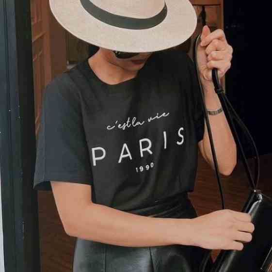 COCO SIN - Áo Lụa In Logo Đen Paris Cổ Tròn