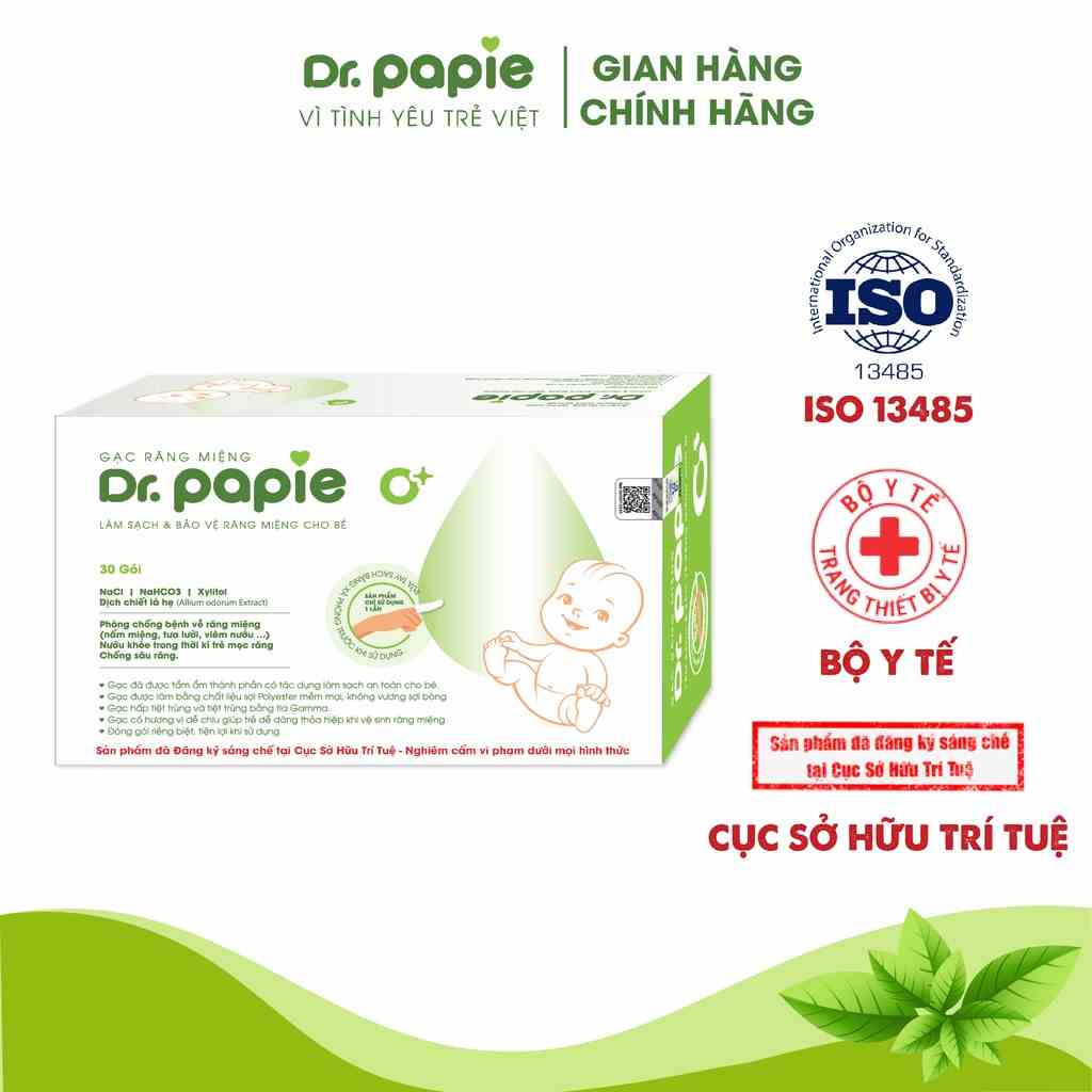 Gạc Rơ Lưỡi Dr.Papie Tiêu Chuẩn 5SAO, Làm Sạch Răng, Lưỡi, Nướu và Khoang Miệng Cho Bé - 30Gói/Hộp