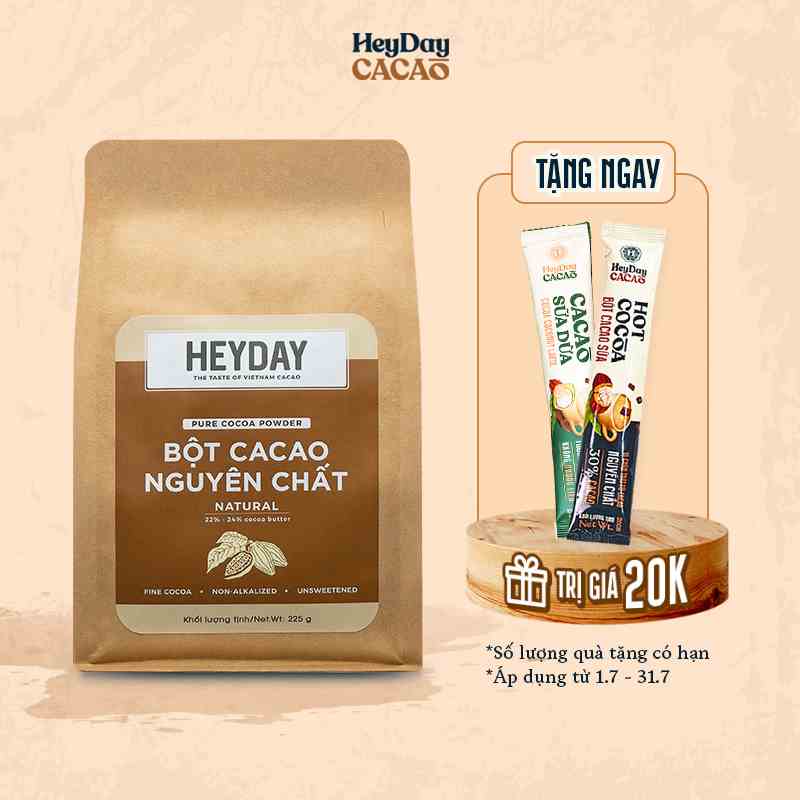 Bột cacao nguyên chất 100% Heyday - Dòng Natural thuần tự nhiên, không kiềm hoá - Túi giấy 225g - Chuẩn UTZ Quốc Tế