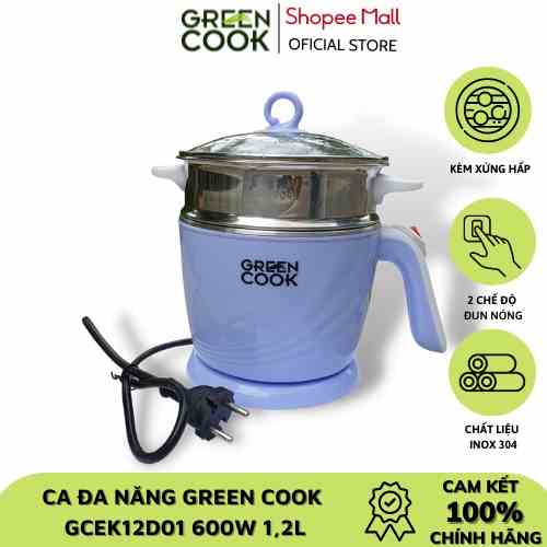 [Mã BMLTA35 giảm đến 35K đơn 99K] Nôi Mini đa năng Green Cook GCEK12D01 600W 1,2L màu xanh có vỉ hấp