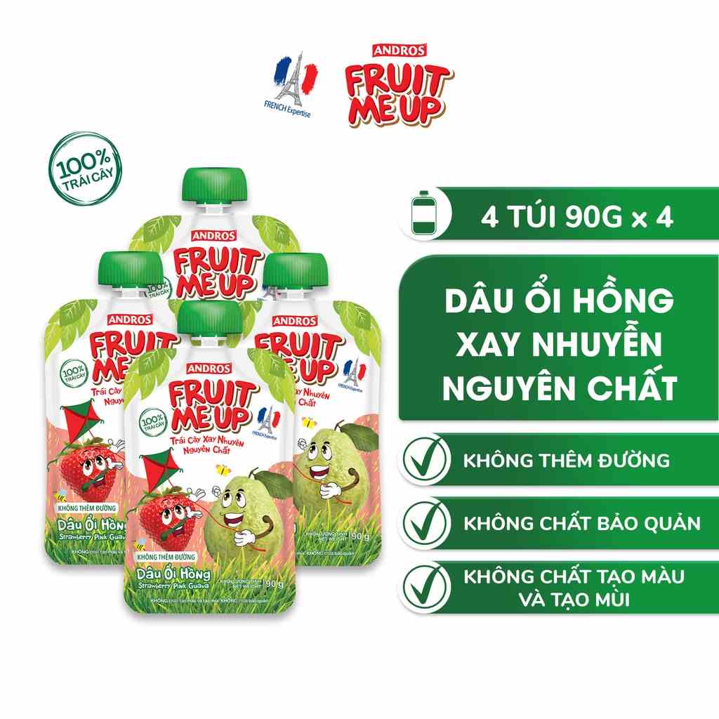 Combo 4 túi Trái Cây Xay Nhuyễn Vị Dâu Ổi hồng - 100% trái cây thật - ANDROS FRUIT ME UP - 90gx4