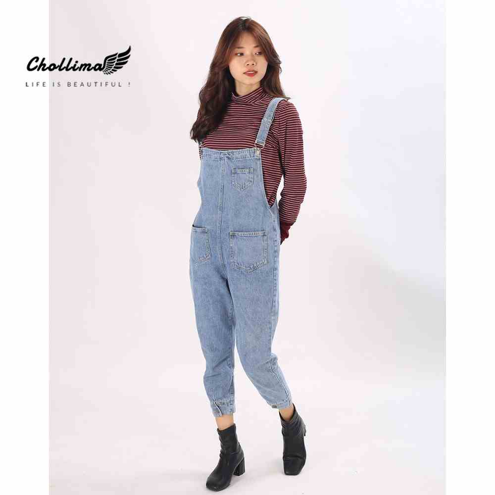 Quần yếm jeans dài Chollima gài cúc ống YJ003 phong cách hàn quốc