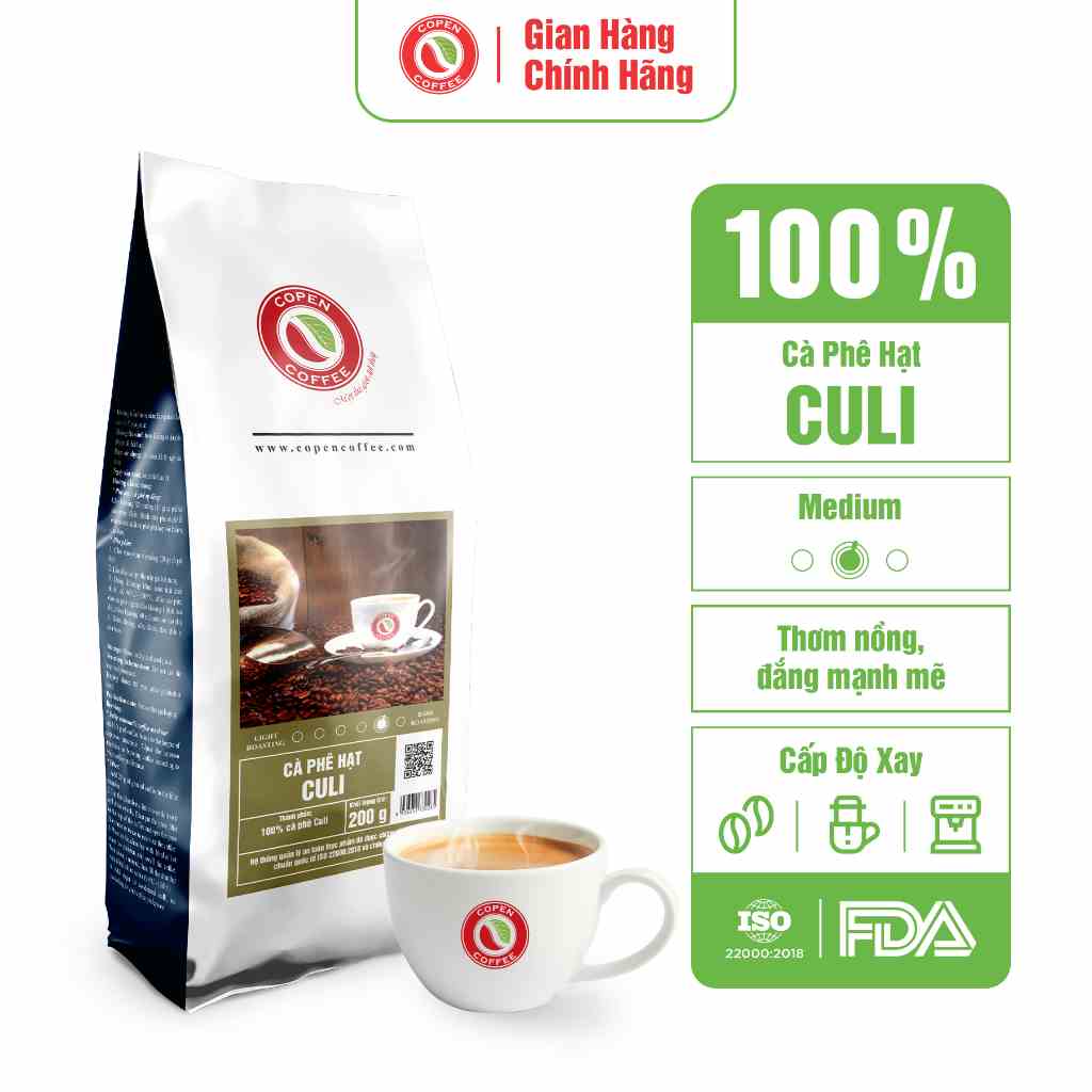 Cà phê hạt nguyên chất Culi rang mộc - Copen Coffee - Hương vị đắng đậm, thơm nồng, hậu vị sâu - Gói 200g