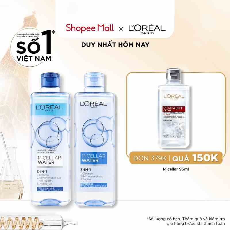 Bộ 2 nuớc tẩy trang đa năng 3in1 LOreal Paris Micellar Water 400ml x 2