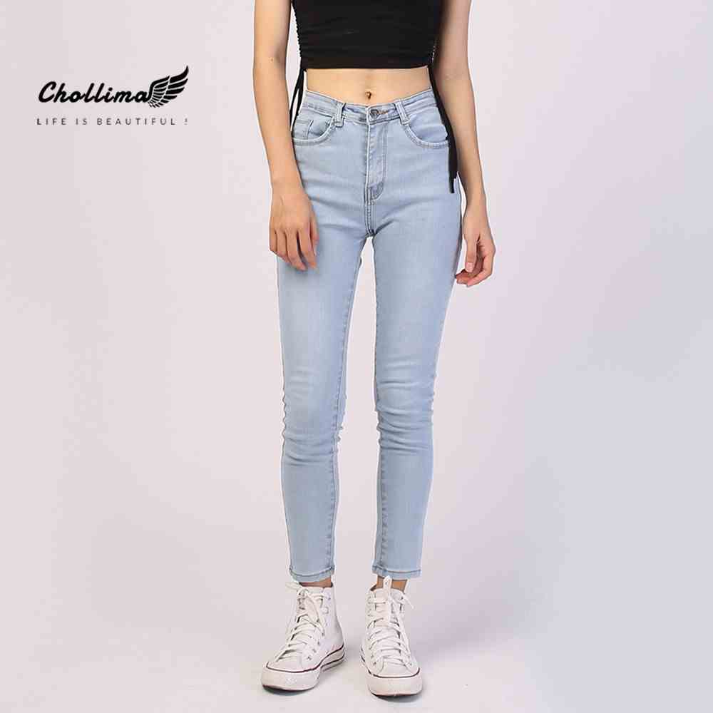 Quần jeans dài nữ co giãn Chollima trơn màu xanh trắng QD024 phong cách hàn quốc