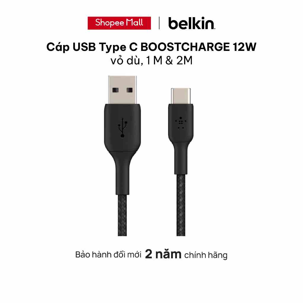 Cáp sạc Belkin USB Type C BOOST CHARGE vỏ dù chứng chỉ USB-IF 12W 1m & 2m - hàng chính hãng