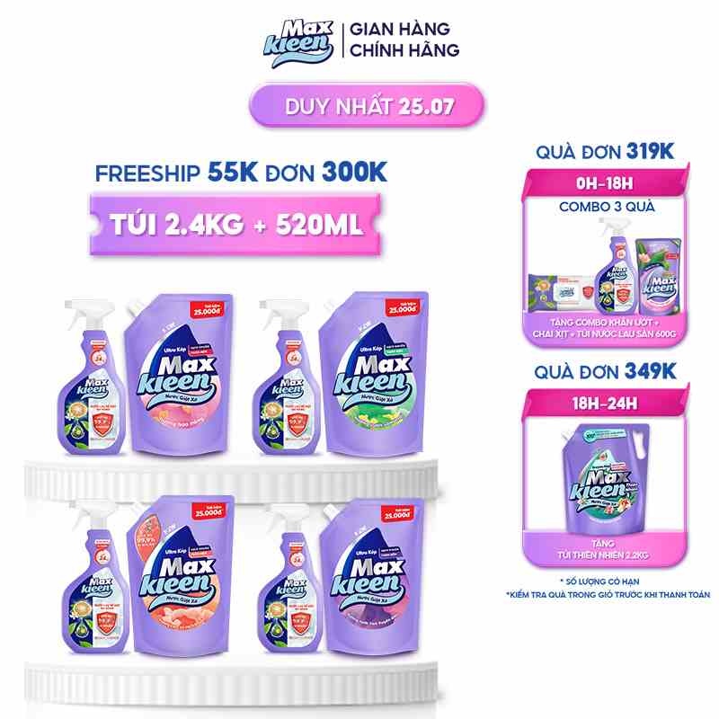 Combo Túi Nước Giặt Xả 2.4kg + Nước Lau Bề Mặt Đa Năng Maxkleen