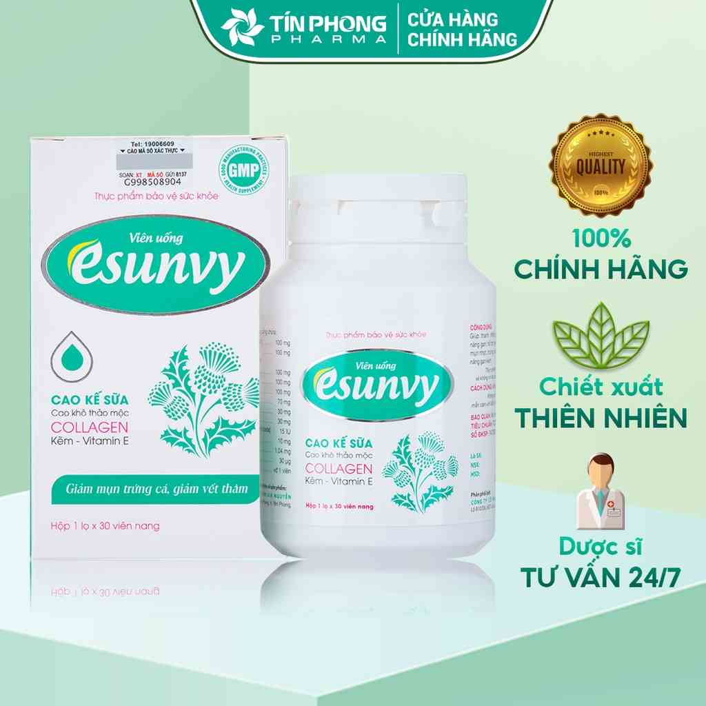 Viên Uống Esunvy Giúp Giảm Mụn Trứng Cá, Hạn Chế Vết Thâm, Điều Tiết Bã Nhờn, Thanh Nhiệt Giải Độc Hộp 30 Viên TTP006