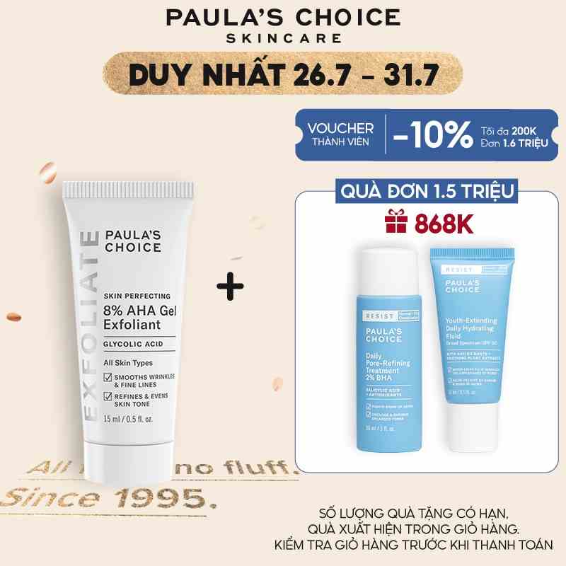 Gel loại bỏ tế bào chết làm mềm, sáng mịn da Paulas Choice 8% AHA Exfoliant 15ml 1907