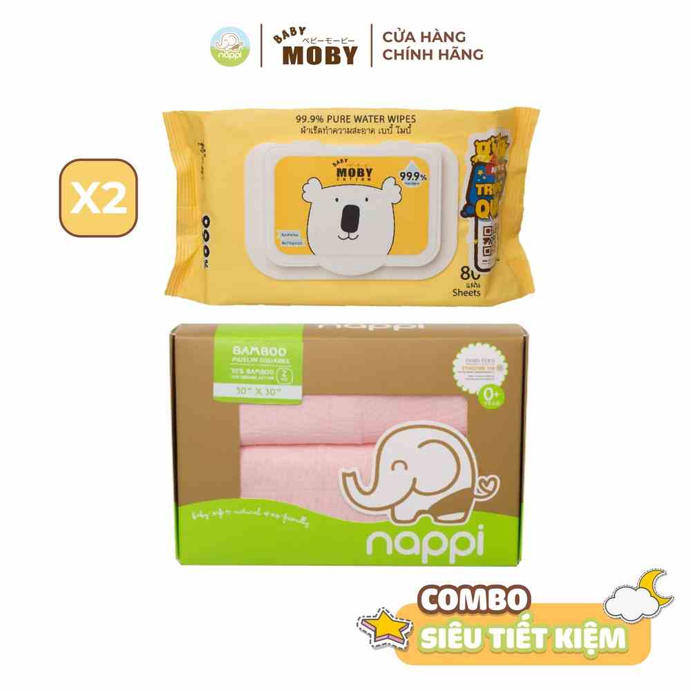 [COMBO SIÊU TIẾT KIỆM] 01 Hộp khăn sợi tre Nappi 77x77cm + 02 Gói khăn ướt Moby