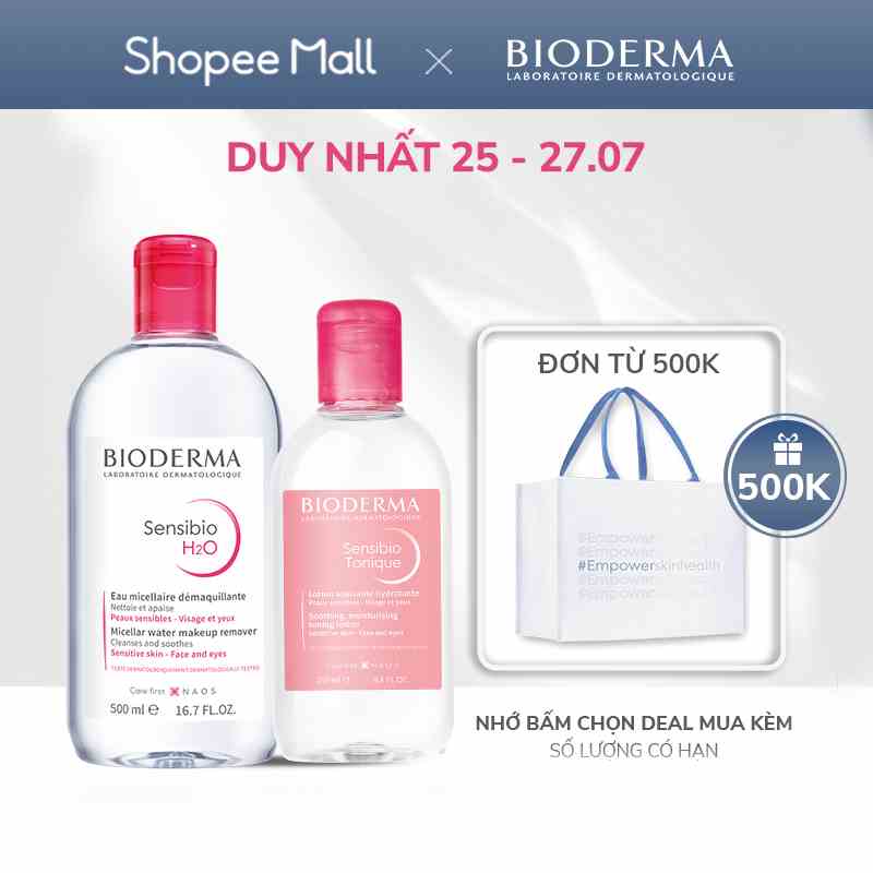 Bộ đôi nước tẩy trang làm sạch micellar cho da nhạy cảm Bioderma Sensibio H2O 500ml và dung dịch cân bằng,dưỡng ẩm 250ml