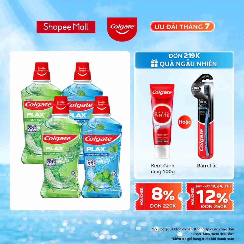 Combo 4 Nước súc miệng Colgate diệt 99% vi khuẩn Plax trà xanh & bạc hà 500ml