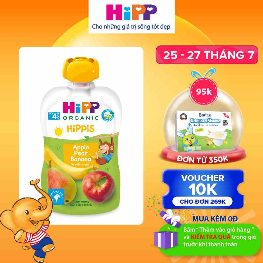 Dinh dưỡng 100% Trái cây nghiền Organic HiPPiS (Táo, Lê, Chuối) 100g