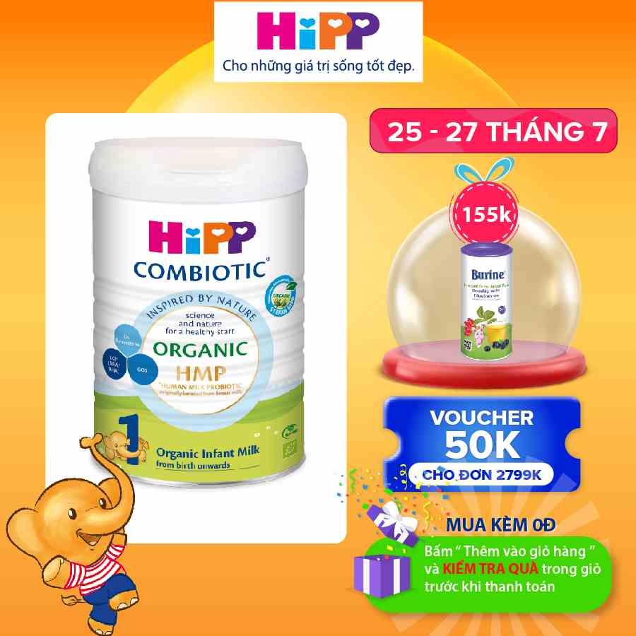 Sữa bột công thức HiPP 1 Organic Combiotic 800g bổ sung DHA trực tiếp.