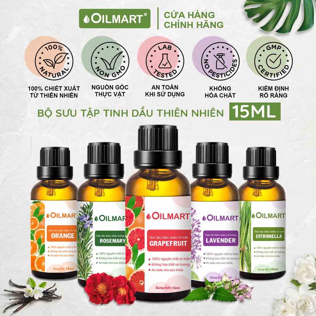 Tinh Dầu Xông Thơm Phòng, Khử Mùi, Đuổi Muỗi Oilmart - Thông, Sả Chanh, Quế, Bạch Đàn Chanh, Cam, Oải Hương 15ml