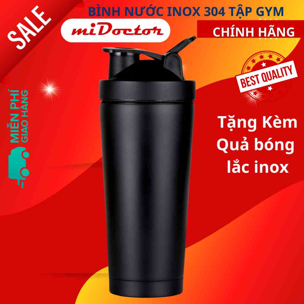 [Màu Đen] Bình lắc thể thao shaker, tập gym inox cao cấp 304, đựng nước, pha bột whey - chính hãng miDoctor