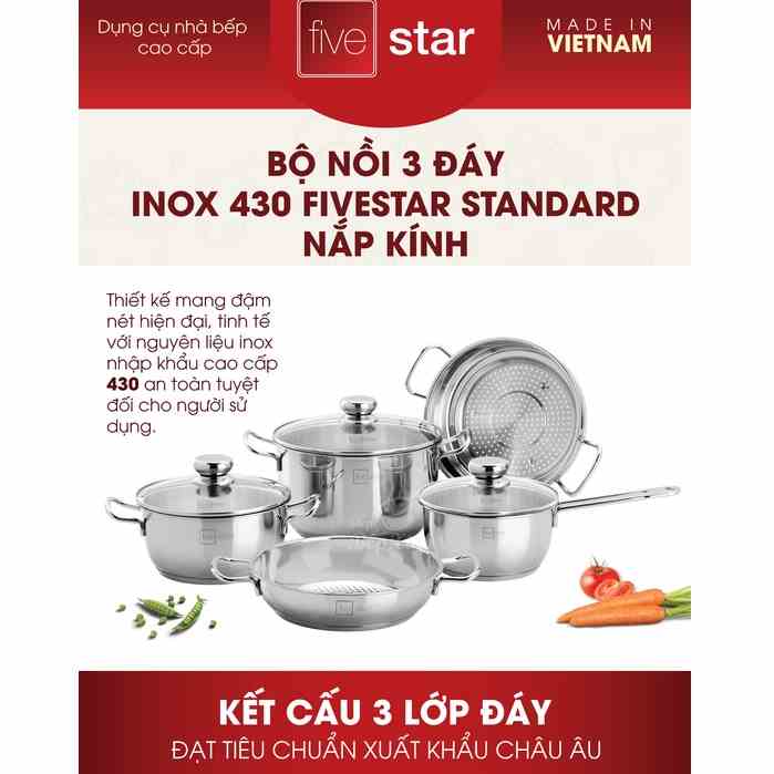 Bộ nồi inox 430 đáy từ cao cấp FIVESTAR nắp kính , dùng được mọi bếp , bảo hành 5 năm