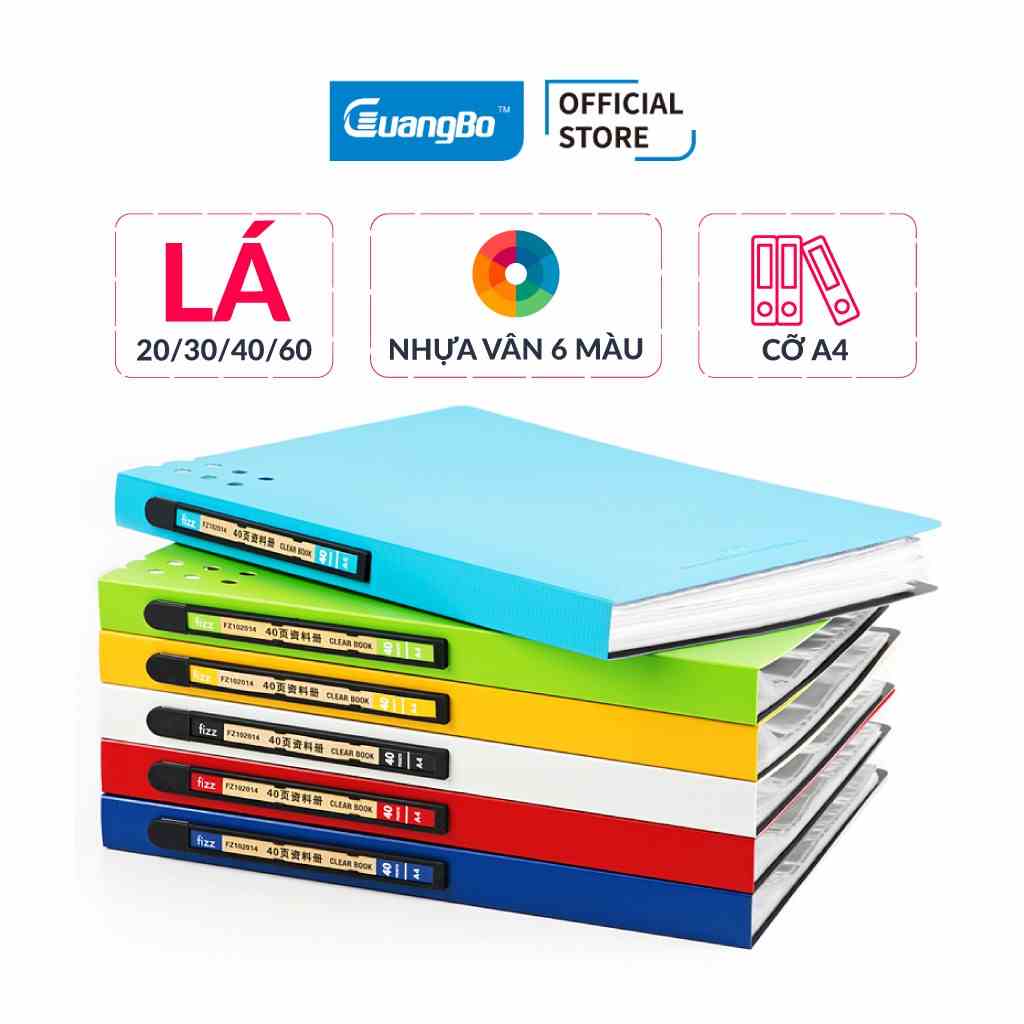 File lá đựng tài liệu A4 20/30/40/60 lá nhựa vân 6 màu cao cấp Fizz GuangBo FZ102012, FZ102013, FZ102014, FZ102015