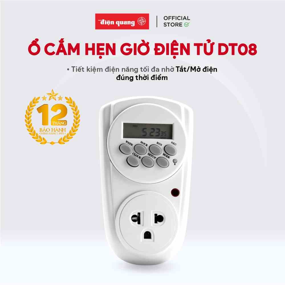 Ổ cắm hẹn giờ Điện Quang ĐQ ESK DT08 W 13 (Điều chỉnh điện tử, 1 lỗ - 3 chấu, trắng)