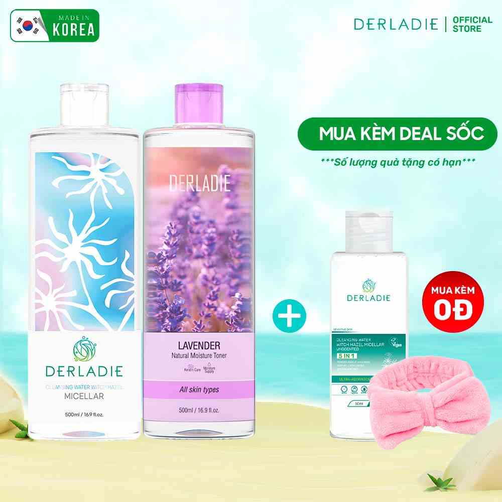 Bộ Đôi Nước tẩy trang Derladie Cleansing Water Witch Hazel, Toner Derladie Lavender Natural Moisture Toner 500mlx2